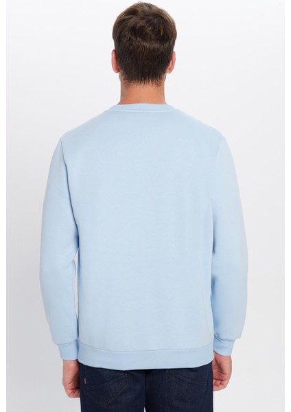 Unisex Relax Fit Rahat Kesim Pamuklu Yumuşak Dokulu İçi Polarlı Basic Mavi Bisiklet Yaka Sweatshirt