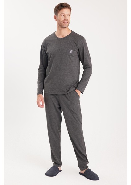 Erkek Standart Fit %100 Pamuk Bisiklet Yaka Beli Lastikli Antrasit Pijama Takımı