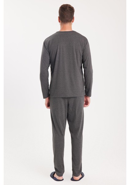 Erkek Standart Fit %100 Pamuk Bisiklet Yaka Beli Lastikli Antrasit Pijama Takımı