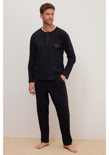 Erkek Standart Fit %100 Pamuk Bisiklet Yaka Beli Lastikli Siyah Pijama Takımı