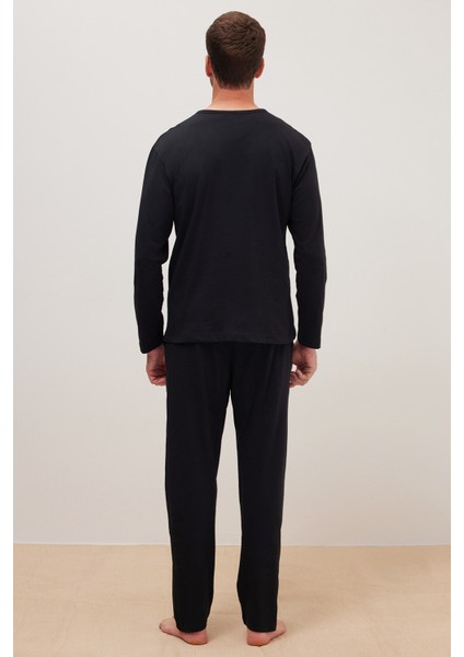 Erkek Standart Fit %100 Pamuk Bisiklet Yaka Beli Lastikli Siyah Pijama Takımı