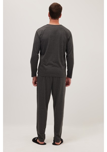 Erkek Standart Fit %100 Pamuk Bisiklet Yaka Beli Lastikli Antrasit Pijama Takımı