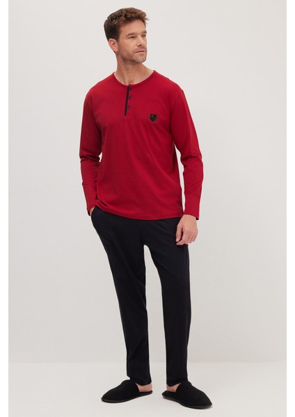 Erkek Standart Fit Normal Kesim %100 Pamuk Bisiklet Yaka Beli Lastikli Siyah Pijama Takımı