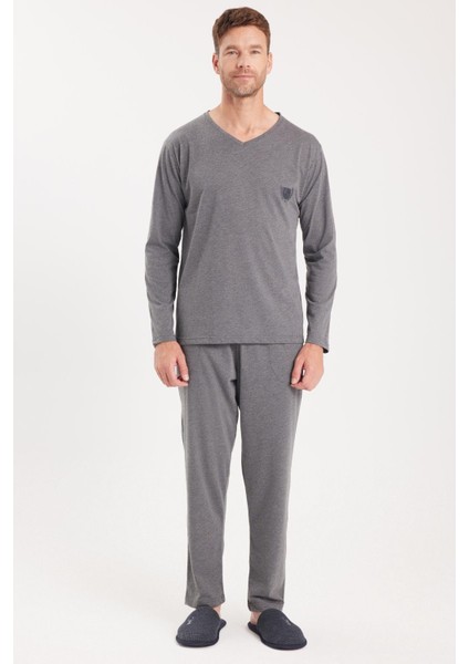 Erkek Standart Fit %100 Pamuk V Yaka Beli Lastikli Gri Pijama Takımı