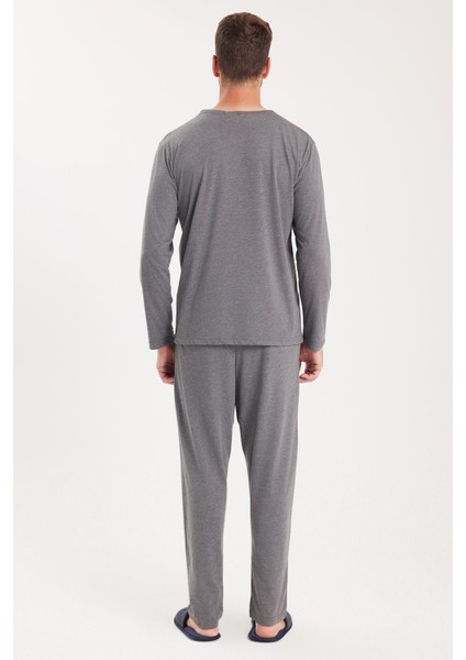 Erkek Standart Fit %100 Pamuk V Yaka Beli Lastikli Gri Pijama Takımı
