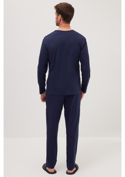 Erkek Standart Fit Normal Kesim %100 Pamuk Bisiklet Yaka Beli Lastikli Lacivert Pijama Takımı