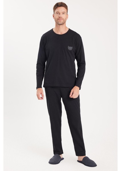 Erkek Standart Fit %100 Pamuk Bisiklet Yaka Beli Lastikli Siyah Pijama Takımı