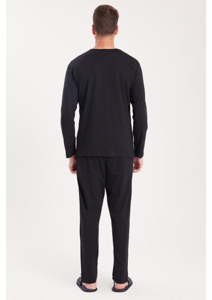 Erkek Standart Fit %100 Pamuk Bisiklet Yaka Beli Lastikli Siyah Pijama Takımı