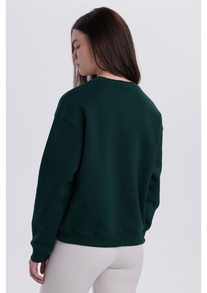 Kadın Oversize Geniş Kesim Pamuklu Bisiklet Yaka Yeşil Sweatshirt