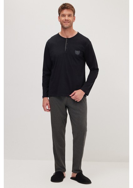 Erkek Standart Fit Normal Kesim %100 Pamuk Bisiklet Yaka Beli Lastikli Antrasit Pijama Takımı
