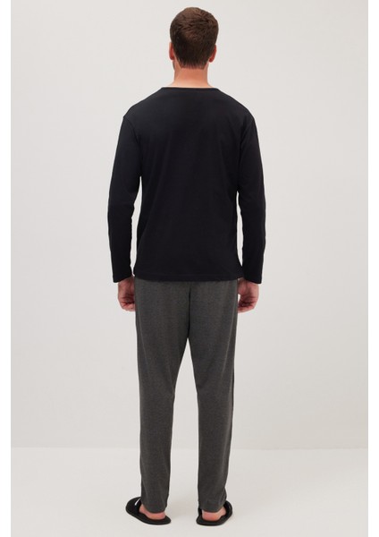 Erkek Standart Fit Normal Kesim %100 Pamuk Bisiklet Yaka Beli Lastikli Antrasit Pijama Takımı