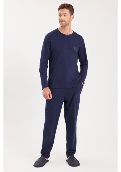 Erkek Standart Fit %100 Pamuk Bisiklet Yaka Beli Lastikli Lacivert Pijama Takımı