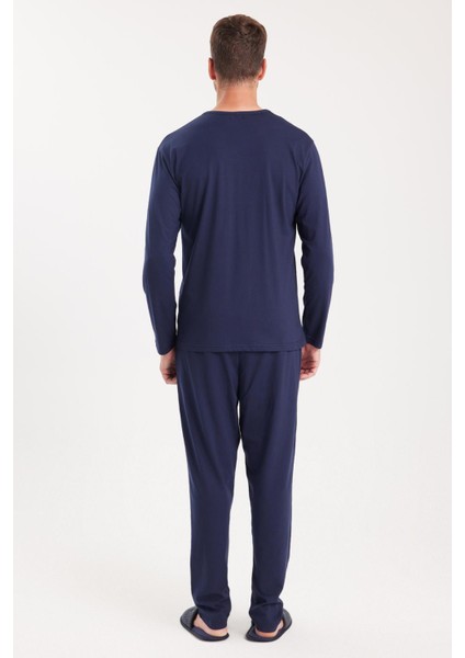 Erkek Standart Fit %100 Pamuk Bisiklet Yaka Beli Lastikli Lacivert Pijama Takımı