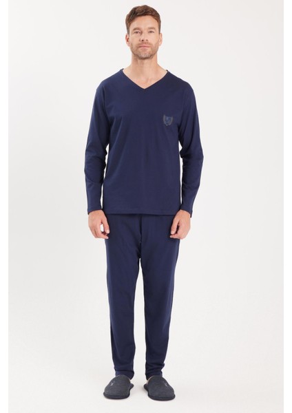 Erkek Standart Fit %100 Pamuk V Yaka Beli Lastikli Lacivert Pijama Takımı
