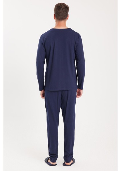 Erkek Standart Fit %100 Pamuk V Yaka Beli Lastikli Lacivert Pijama Takımı
