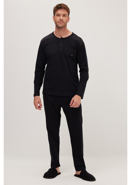 Erkek Standart Fit Normal Kesim %100 Pamuk Bisiklet Yaka Beli Lastikli Siyah Pijama Takımı
