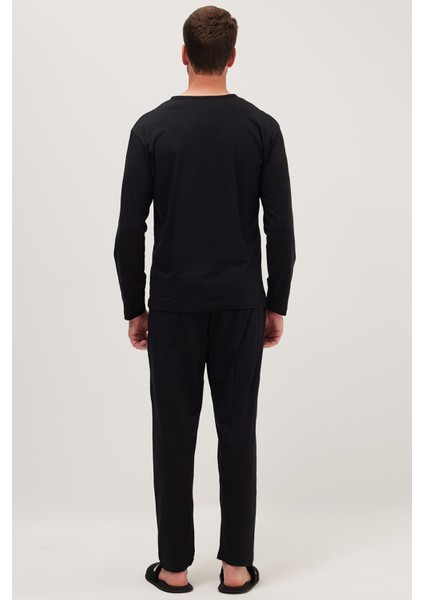 Erkek Standart Fit Normal Kesim %100 Pamuk Bisiklet Yaka Beli Lastikli Siyah Pijama Takımı
