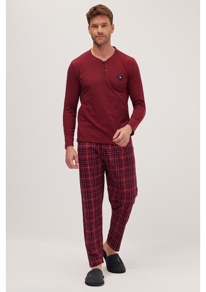 Erkek Regular Fit Pamuklu Düğmeli Yaka Beli Lastikli Desenli Bordo Pijama Takımı