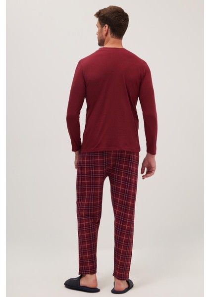 Erkek Regular Fit Pamuklu Düğmeli Yaka Beli Lastikli Desenli Bordo Pijama Takımı