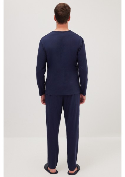 Erkek Standart Fit %100 Pamuk Bisiklet Yaka Beli Lastikli Lacivert Pijama Takımı