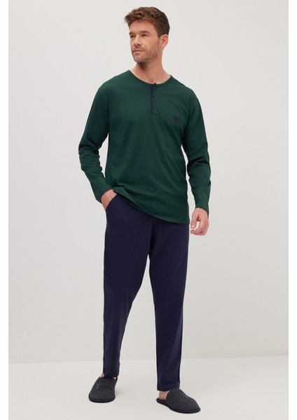 Erkek Standart Fit Normal Kesim %100 Pamuk Bisiklet Yaka Beli Lastikli Lacivert Pijama Takımı