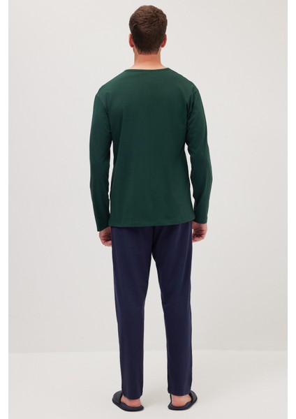 Erkek Standart Fit Normal Kesim %100 Pamuk Bisiklet Yaka Beli Lastikli Lacivert Pijama Takımı