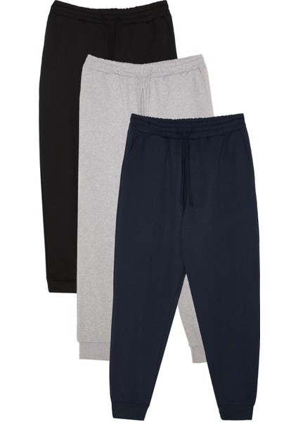 Erkek 3lü Paket Siyah-Lacivert-Gri Regular Fit Beli Bağcıklı Jogger Cepli Lastikli Paça Eşofman Altı