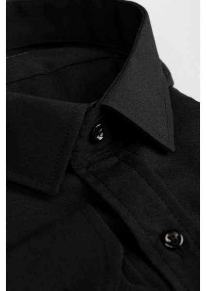 Büyük Beden Uzun Kollu Kolay Ütü Düz Erkek Siyah Gömlek