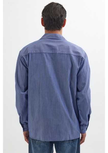 Relax Fit Uzun Kollu Denim Kot Parça Boyalı Çift Cep Fermuarlı Mavi Gömlek