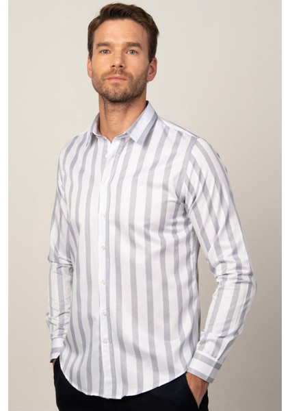 Slım Fit Uzun Kollu Baskılı Çizgili Desenli Erkek Beyaz Gömlek