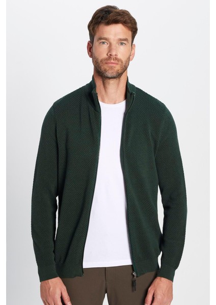 Erkek Standart Fit Normal Kesim Desenli Yarım Balıkçı Yaka Fermuarlı Yeşil Hırka