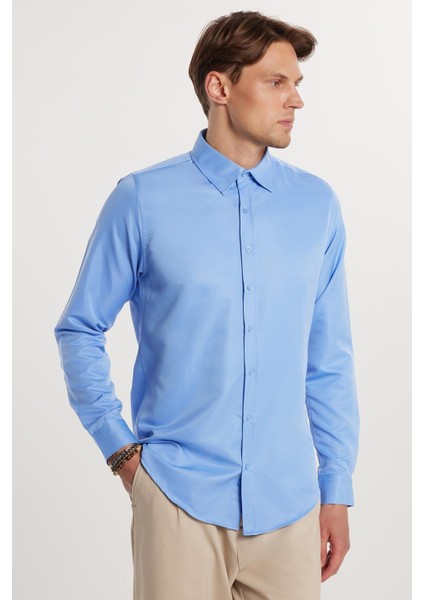 Slim Fit Uzun Kollu Kolay Ütü Teri Emen Nefes Alan Doku Kravatlık Dört Mevsim Mavi Erkek Gömlek