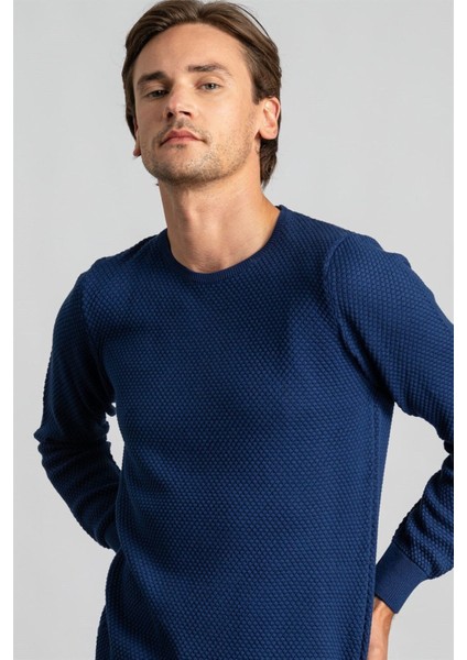 Erkek Standart Fit Normal Kesim Bisiklet Yaka Petek Desenli Koyu Sax Mavi 2 Triko Kazak