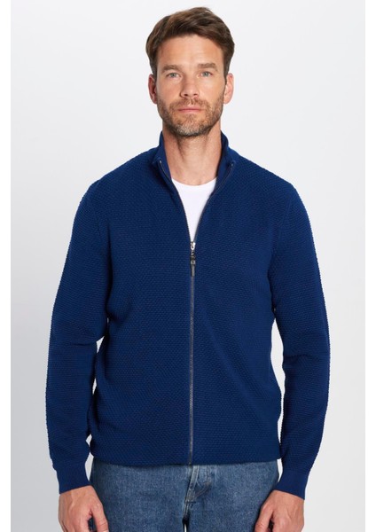 Erkek Standart Fit Normal Kesim Desenli Yarım Balıkçı Yaka Fermuarlı Mavi Hırka