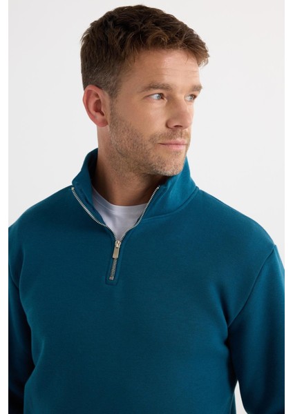 Unisex Relax Fit Rahat Kesim Pamuklu İçi Polarlı Yarım Fermuarlı İndigo Dik Yaka Sweatshirt
