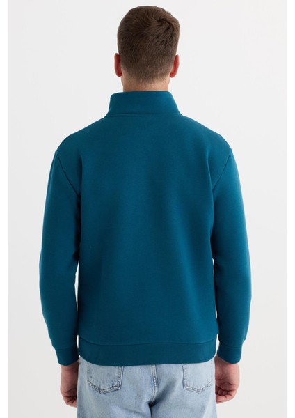 Unisex Relax Fit Rahat Kesim Pamuklu İçi Polarlı Yarım Fermuarlı İndigo Dik Yaka Sweatshirt