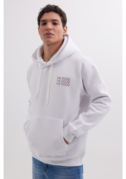 Unisex Oversize Geniş Kesim Pamuklu Yumuşak Dokulu İçi Polarlı Baskılı Beyaz Kapüşonlu Sweatshirt