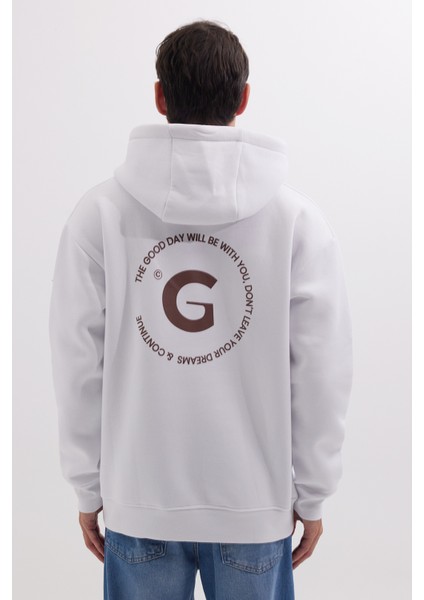 Unisex Oversize Geniş Kesim Pamuklu Yumuşak Dokulu İçi Polarlı Baskılı Beyaz Kapüşonlu Sweatshirt