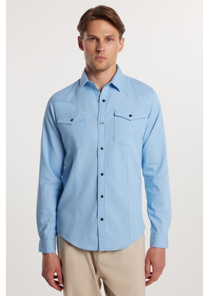 Slim Fit Uzun Kollu Gündelik Denim Kot Erkek Mavi Gömlek