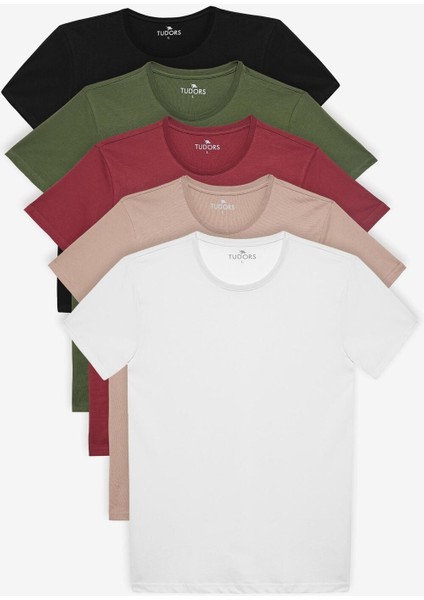 Unisex 5'li Paket Siyah-Beyaz-Haki-Bordo-Vizon Slim Fit Dar Kesim %100 Pamuk Bisiklet Yaka Tişört