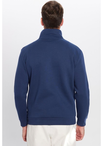 Unisex Relax Fit Rahat Kesim Pamuklu Içi Polarlı Yarım Fermuarlı Lacivert Dik Yaka Sweatshirt
