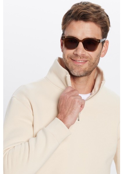 Relax Fit Rahat Kesim Pamuklu Içi Polarlı Yarım Fermuarlı Ekru Dik Yaka Sweatshirt