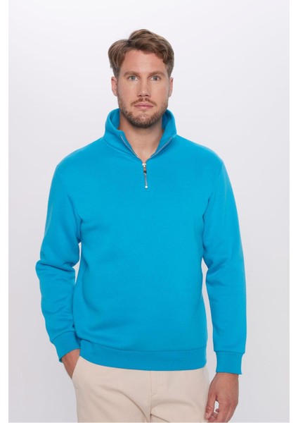 Unisex Relax Fit Rahat Kesim Pamuklu Içi Polarlı Yarım Fermuarlı Turkuaz Dik Yaka Sweatshirt