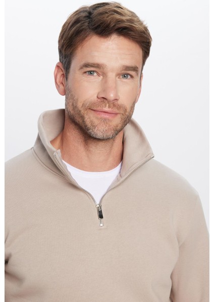 Relax Fit Rahat Kesim Pamuklu Içi Polarlı Yarım Fermuarlı Taş Renk Dik Yaka Sweatshirt