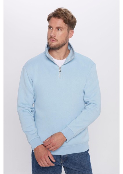 Unisex Relax Fit Rahat Kesim Pamuklu İçi Polarlı Yarım Fermuarlı Mavi Dik Yaka Sweatshirt