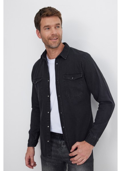 Erkek Slim Fit Dar Kesim Uzun Kollu denim Kot Çift Cep Çıtçıtlı Siyah Gömlek