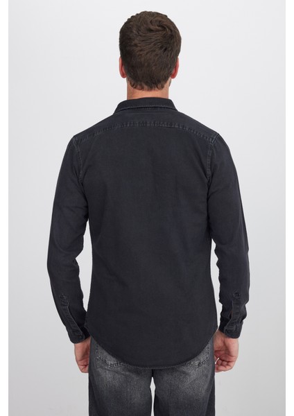 Erkek Slim Fit Dar Kesim Uzun Kollu denim Kot Çift Cep Çıtçıtlı Siyah Gömlek