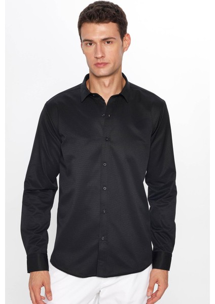 Erkek Modern Slim Fit Dar Kesim Uzun Kollu Pamuklu Kolay Ütü Armürlü Siyah Gömlek
