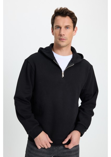 Unisex Relax Fit Rahat Kesim Pamuklu İçi Polarlı Yarım Fermuarlı Siyah Kapüşonlu Sweatshirt