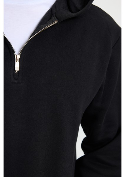 Unisex Relax Fit Rahat Kesim Pamuklu İçi Polarlı Yarım Fermuarlı Siyah Kapüşonlu Sweatshirt